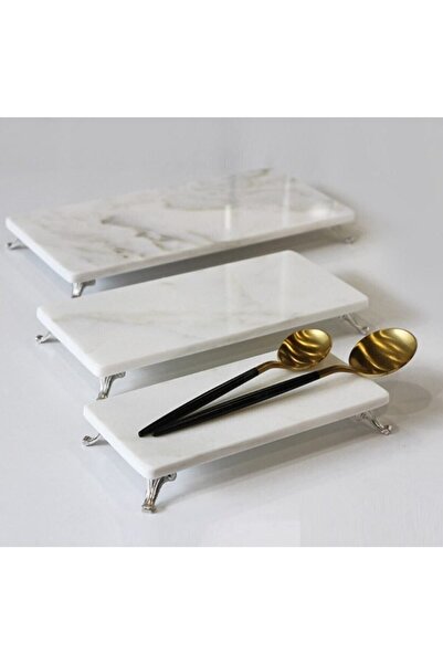 MIARIK DESIGN & DEKORASYON Dekoratif Beyaz Mermer 3lü Dikdörtgen Gümüş Ayaklı...