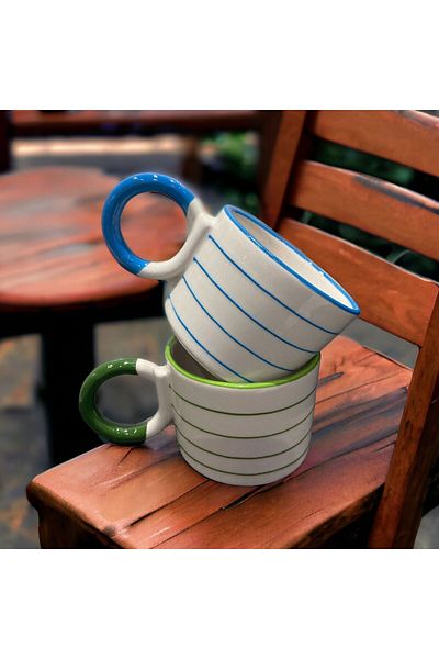 İZart 2 Pieces Knot Handle Green - Blue Striped Handmade Ceramic Mug