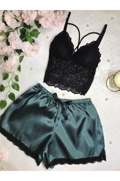 lenastella Yeşil Saten Şortlu Bralet Takım