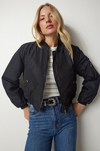 Lovelyİstanbul سترة بومبر سوداء بسحاب - LRV0065