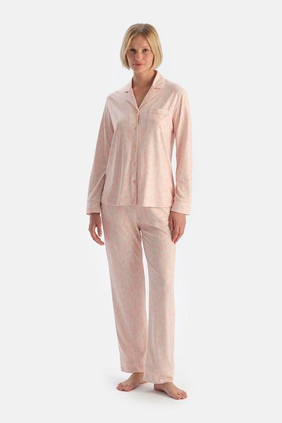 Dagi Light Salmon Leopard Patterned Shirt Pants Pajama Set