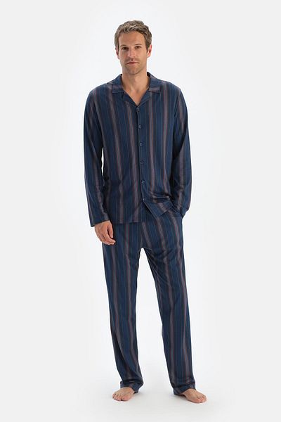 Dagi Navy Blue Striped Shirt and Trousers Pajama Set