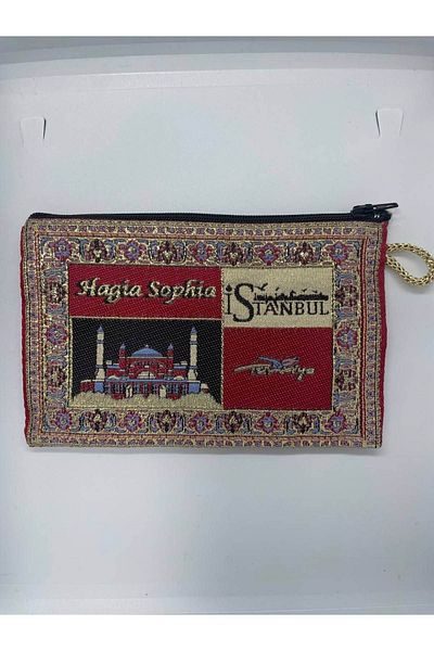 GALATA GIFT Hagia Sophia Printed, Red, Blue, Gold Gilded Women's Wallet with Istanbul Logo, 16x10cm