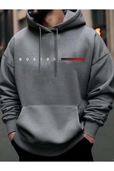 Altamira Erkek Duman Gri Boston Baskılı Oversize Kapşonlu Sweatshirt