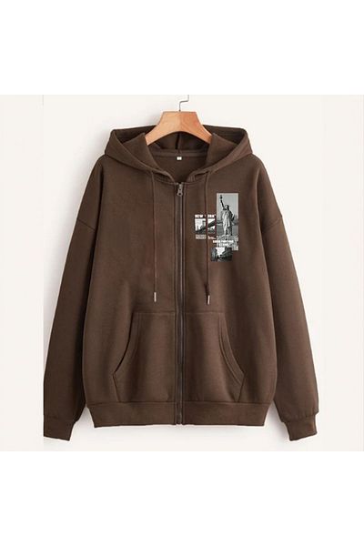 Altamira Unisex Brown New York Zipper Hooded Cardigan