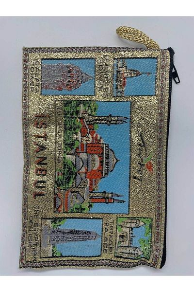 GALATA GIFT Portofel de damă cu model tradițional, icoane din Istanbul imprimate aurit, cu fermoar, 16x10cm