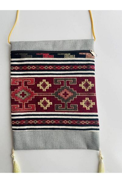 GALATA GIFT Geantă de umăr cu model Kilim, cu ciucuri, cu fermoar, 25x20