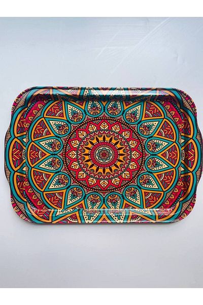 GALATA GIFT Metal Tea Tray, Kilim Patterned, Stylish Presentation Tray 32*22cm