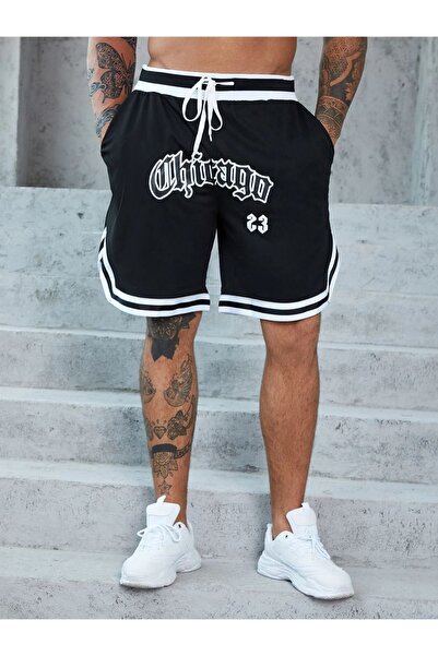 Altamira Erkek Siyah Chicago Baskılı Bel Paça Şeritli Şort