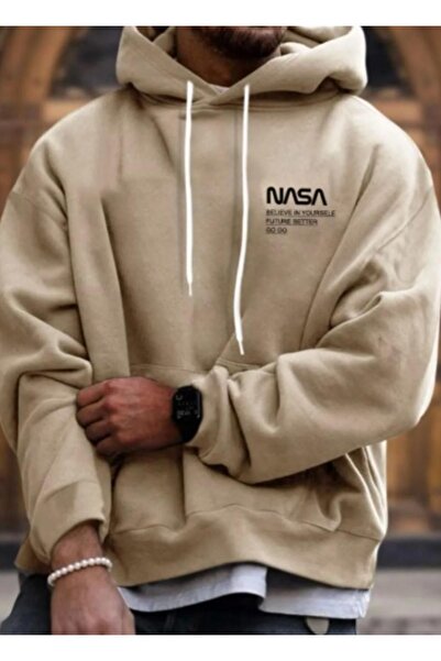 Altamira Ανδρικό φούτερ μπεζ με λεπτομέρεια κειμένου Nasa με τύπωμα oversized