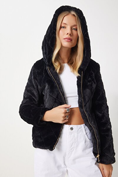 Lovelyİstanbul Tüylü Kapüşonlu Oversize Mont SİYAH LRV0062