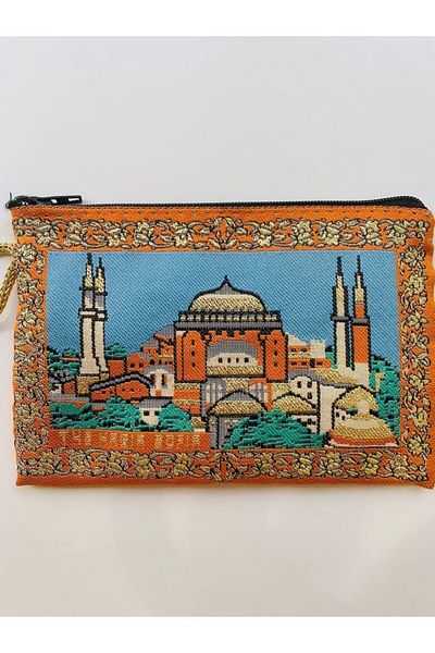 GALATA GIFT Portofel de dama cu model traditional, icoana Istanbul, aurit auriu, maner, fermoar, 16X10cm