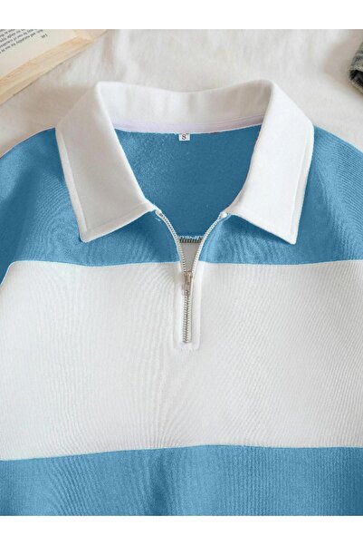 Altamira Unisex Bebe Mavi Çizgili Oversize Polo Yaka Yarım Fermuarlı Sweatshirt