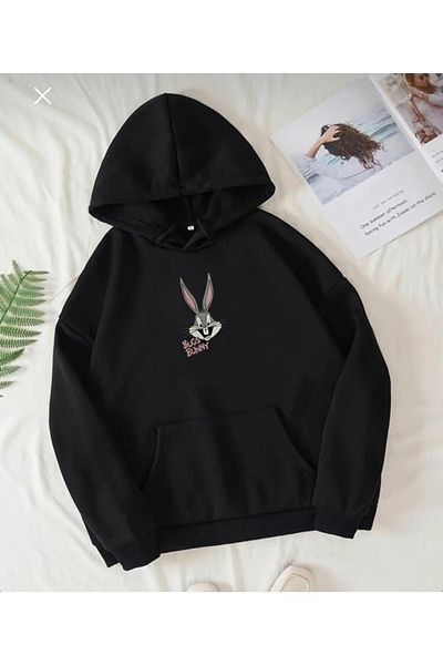 Altamira Unisex Black Buggs Bunny Printed Oversize Hooded Sweatshirt