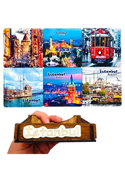 GALATA GIFT مجموعة قواعد أكواب خشبية من 6 قطع بتصميم المعالم التاريخية في إسط...