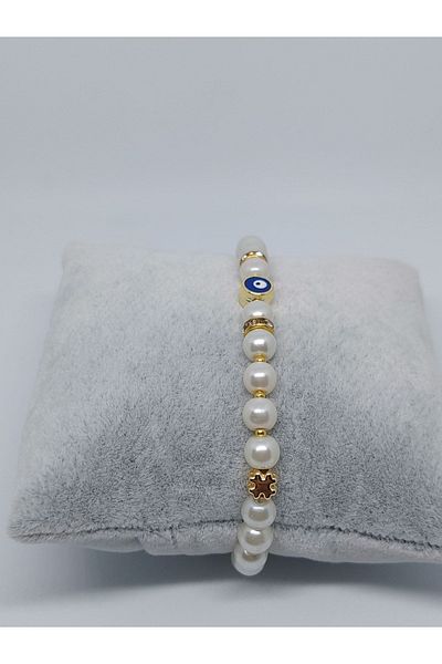 GALATA GIFT Pearl Bracelet with Evil Eye Beads, Women's Bracelet with Clip