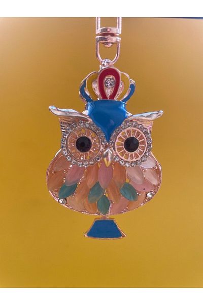 NiceandBonita Figurină de bufniță albastră, acoperită cu pietre strălucitoare pe metal, cu coroană, breloc metalic, ornament pentru geantă