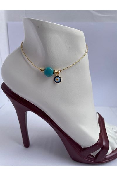 NiceandBonita Stylish Ring with Blue Stone, Evil Eye Bead and Gold Color Chain