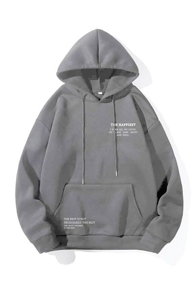Altamira Unisex Smoked Happiest Printed Oversize Hooded Sweatshirt