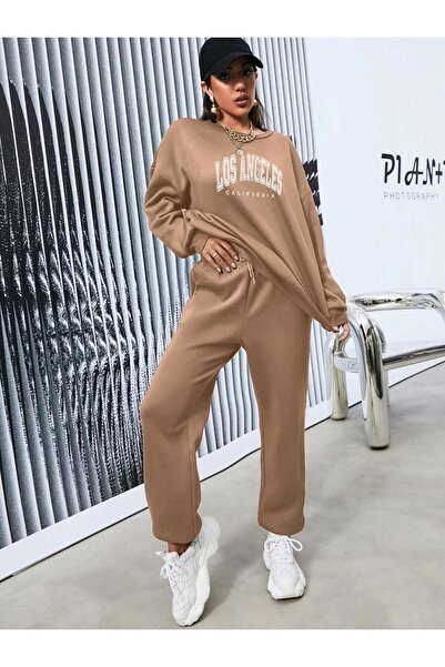 Altamira Dámský béžový oversize oversize oblek s výstřihem Los Angeles s potiskem