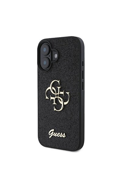 Guess iPhone 16 Plus Uyumlu Kılıf Lisanslı 4G Büyük Metal Logolu Glitter Kapak Siyah