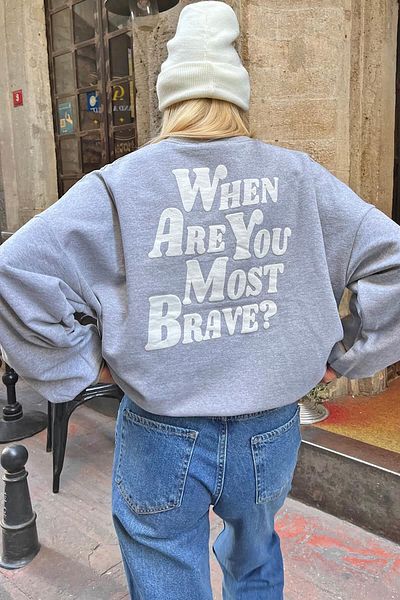Swist Graues „When Are You“-Damen-Sweatshirt aus Baumwolle mit Aufdruck vorne und hinten