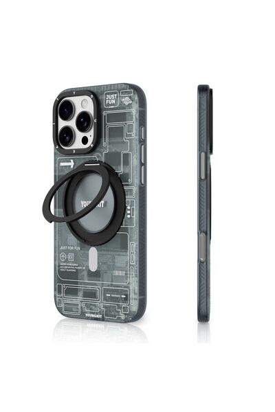 Youngkit iPhone 16 Pro Max Uyumlu Kılıf Magsafe Şarj Özellikli Youngkit 360° Standlı Technology Serisi Gri