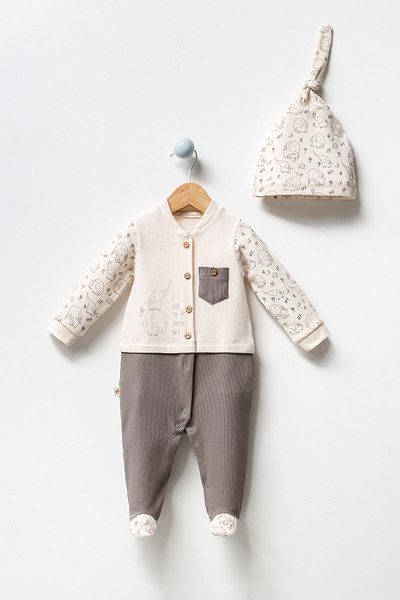 Bubbles Organic Fabric Buttoned Front Cute Elephant Printed Baby Jumpsuit
