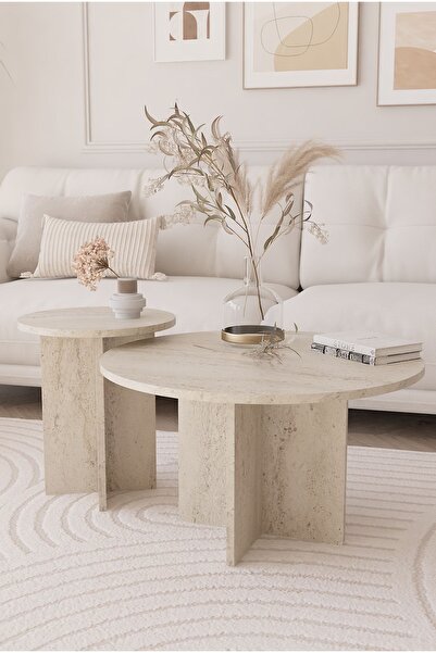 OBİ Atölye 2 Li Orta Sehpa Seti, Iskandinav Stil, Bohem, 72 Cm, 40 Cm - Traverten