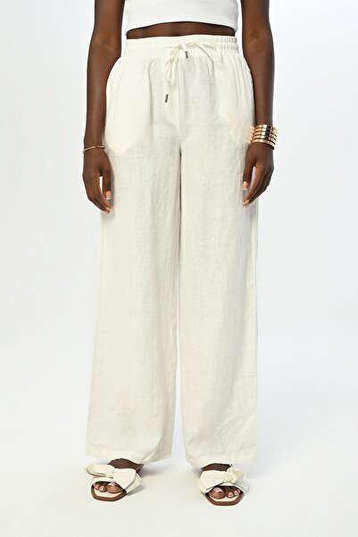 Orfeo Negro Women's - Straight Linen Trousers, Wide Leg and Elastic Waist