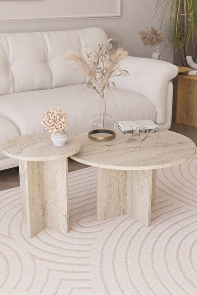 OBİ Atölye 2 Li Orta Sehpa Seti, Iskandinav Stil, Bohem, 72 Cm, 40 Cm - Traverten