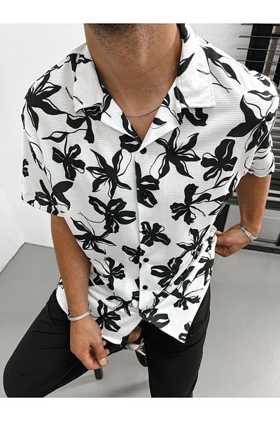 King Brothers Men's Oversize Mono Collar Patterned Short Sleeve Shirt