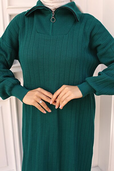 benguen Σμαραγδένιο Πράσινο Πλεκτό Φόρεμα - 11032-11, Γιακάς με φερμουάρ