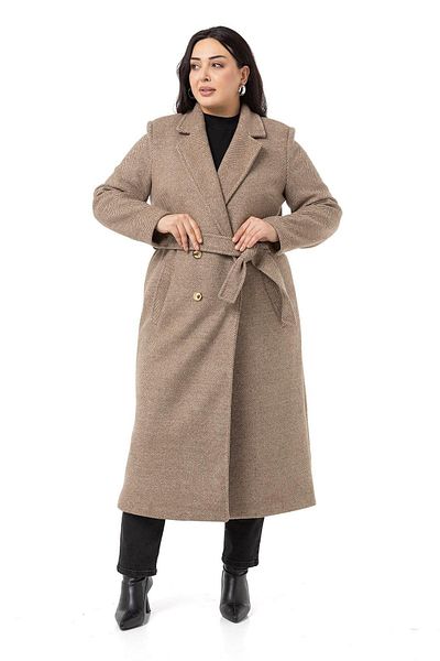 DISENTIS MODEST Large Size Mink Coat - Buttoned, Belted and Deep Slit Herringbone Lining