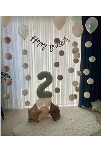 Çemrek Süs Parti Kraft Happy Birthday and Beige 2 Years Old Foil Balloon and Milk Coffee White Balloon Shower Set 57 Pieces