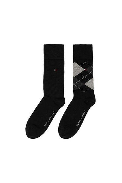 Tommy Hilfiger Diamond Patterned Men's Socks - Stretch Cotton, Single Stitch and Rib Braid - Pack of 2 - Black