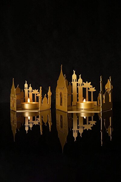 Wall Art İstanbul Cami Desenli Metal 2'li Masaüstü Mumluk Seti - Gold Dekorat...