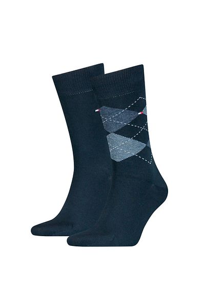 Tommy Hilfiger Men's Diamond Patterned Stretch Cotton Socks - Single Stitching and Rib-knitted 2-pack - Navy Blue