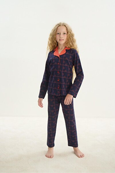 Sevim Kız Çocuk Uzun Kol Gömlek Yaka Önden Düğmeli Lacivert Pijama Takım C0T1N7O8