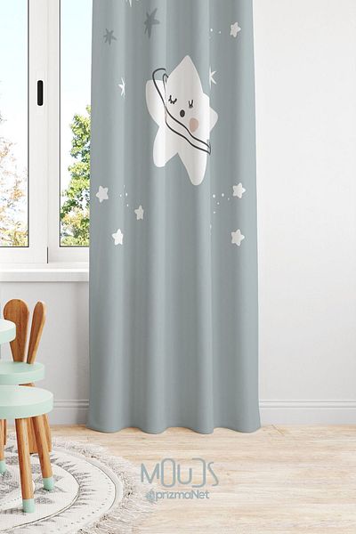 Moud's Star Patterned Sweet Background Curtain - Children's and Baby's Room, Suede Digital Printed Extra-For Gather, Single Wing