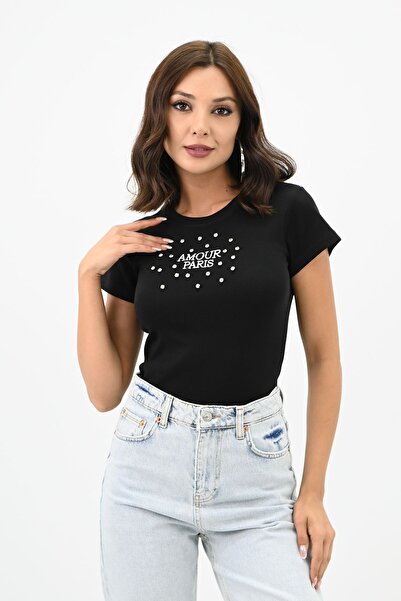 Koza Butik Tricou de damă cu broderie cu piatră - 1774-25