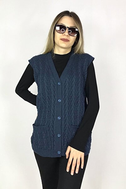 BARLAS TRİKO Kadın V Yaka Kalın Yün Kaz Ayağı Modelli Triko Düğmeli Cepli Ann...