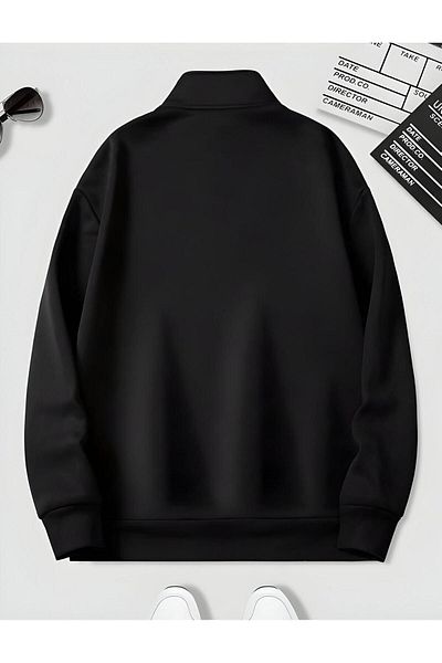 Harmandar Men's Black Plain Pullover Sweatshirt - Stand Collar and Half Zipper Detail