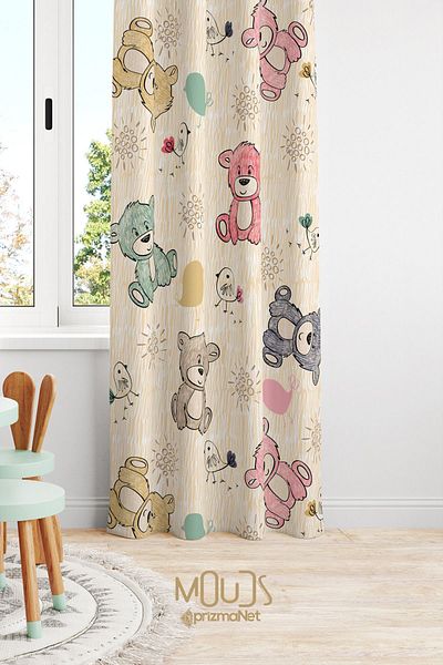 Moud's Colorful Teddy Bears and Patterned Background Curtain - Children's and Baby's Room, Suede Printed Extra-For Drawstring, Single Wing