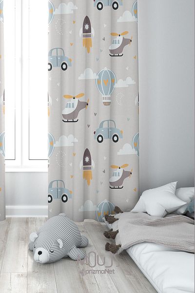 Moud's Car and Helicopter Patterned Suede Printed Extrafor Drawstring for Children's and Baby's Room - Single Wing