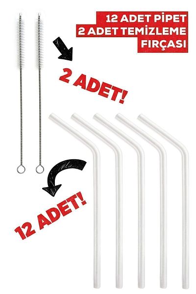 Gündüz Ticaret Set of 12 Glass Straws and 2 Cleaning Brushes - 1stQuality / 9 Mm