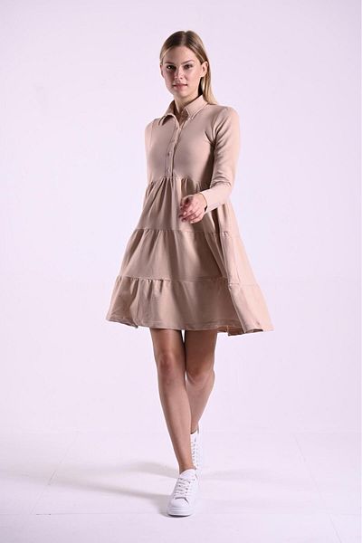 Koza Butik Long Sleeve Shirt Collar Dress - Button Detail 9244