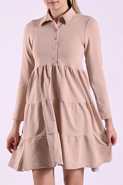 Koza Butik Long Sleeve Shirt Collar Dress - Button Detail 9244