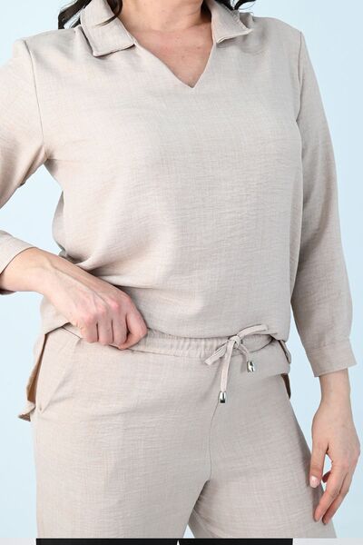 Koza Butik Γυναικείο Σετ Λινό Πόλο Λαιμόκοψης Plus Size 8071-24