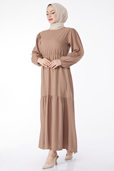 TOFİSA Düz Bisiklet Yaka Kadın Vizon Beli Bağcıklı Elbise - 13144